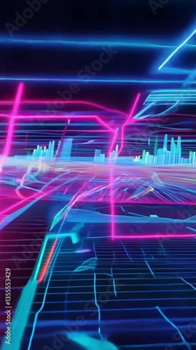 vertical 9:16 A digital grid pulsates with shifting neon colors. Glitch effects distort the lines as static flickers. The scene continuously transforms with pixelated waves