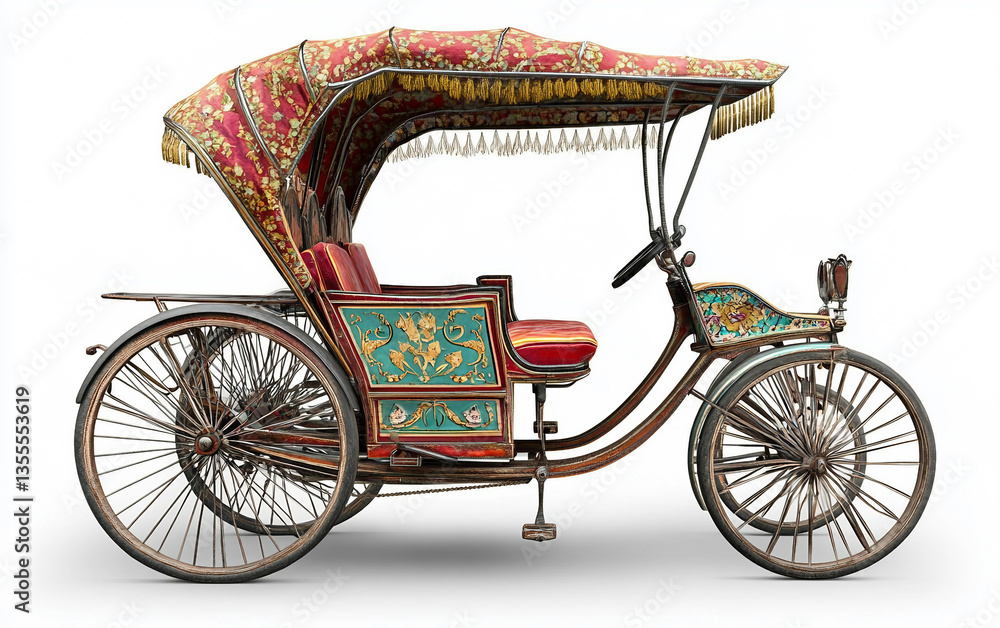 Fototapeta premium Classic Rickshaw Bicycle with Elegant Passenger Carriage Isolated On White Background.