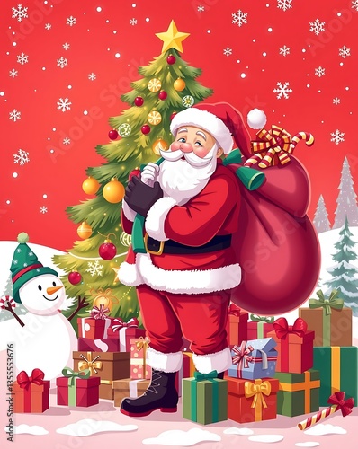 Santa Claus Holding Gifts in Front of a Christmas Tree - Festive Holiday Art, Santa Claus with Gifts, Christmas Celebration Scene, Festive Holiday Illustration, Magical Christmas Scene Santa 8K HD