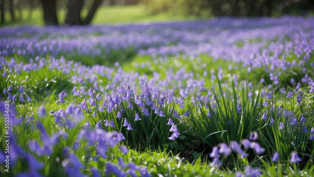 Obraz premium Field filled with vibrant wild bluebells under spring sunlight.