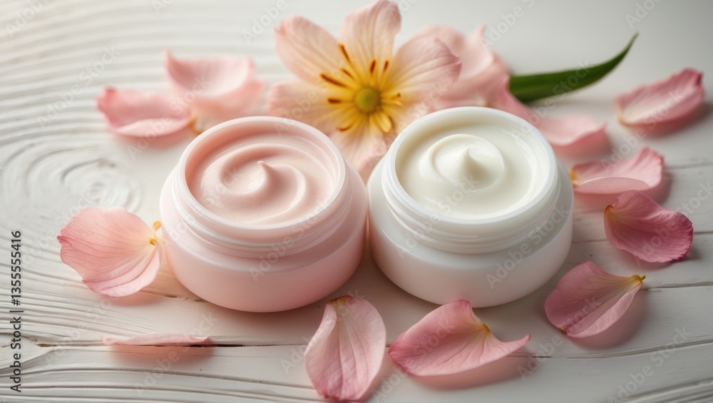 Face cream products surrounded by petals. Face cream products surrounded by petals.
