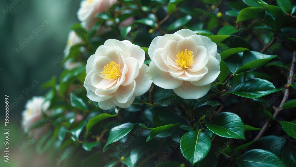 Extreme Depth of Field Images of White Camellia Blooming on the Bush Extreme Depth of Field Images of White Camellia Blooming on the Bush