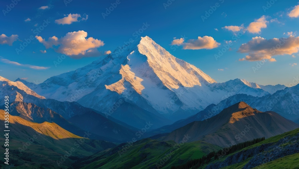 Obraz premium Evening panoramic vista of peak from mountain range - Mountains - border - Central Asia
