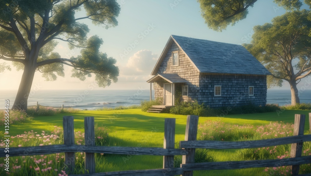 Cedar shake shingle barn and shed by the sea. In the foreground is a split-rail fence. Cedar shake shingle barn and shed by the sea. In the foreground is a split-rail fence.