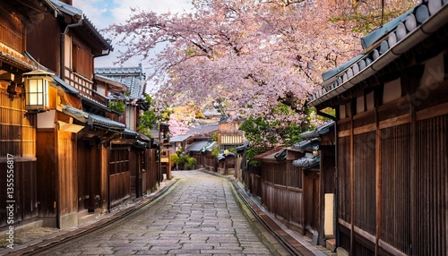 京都祇園 春の風情あふれる伝統的な町並み