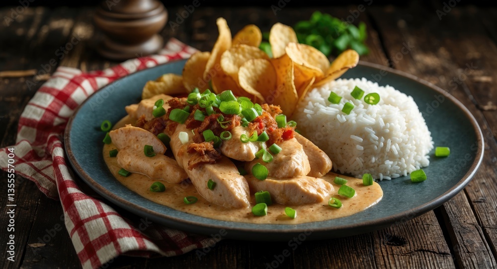 Chicken stroganoff is a dish made with sour cream and tomato extract, served with rice and potato chips, presented on a rustic wooden table. Chicken stroganoff is a dish made with sour cream and tomato extract, served with rice and potato chips, presented on a rustic wooden table.
