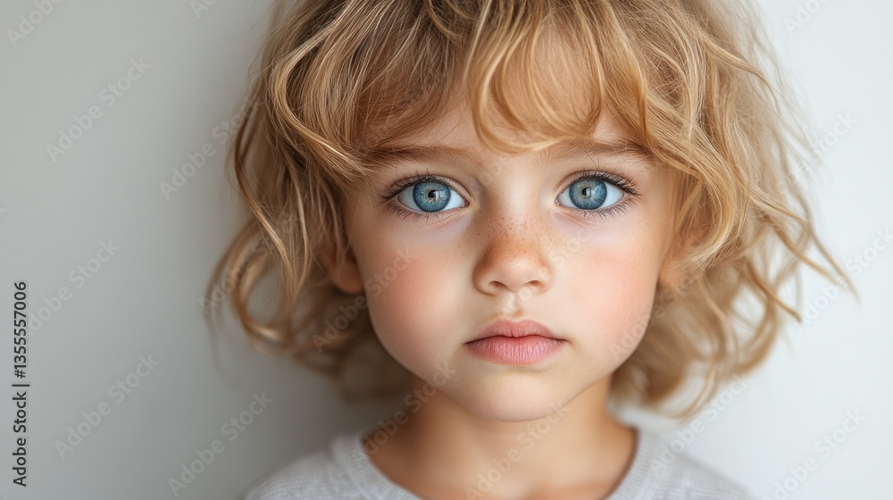 Blonde child with blue eyes poses indoors against a plain background Blonde child with blue eyes poses indoors against a plain background