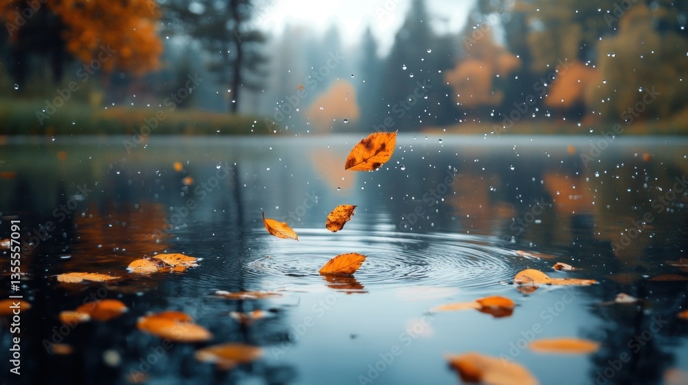 Autumn leaves falling into lake, rainy forest background, serene nature scene Autumn leaves falling into lake, rainy forest background, serene nature scene