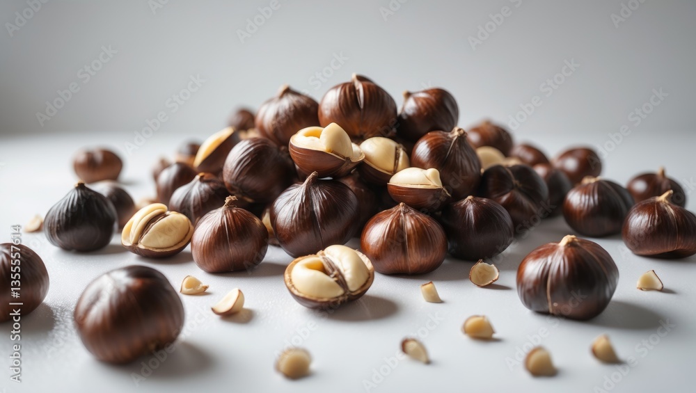 Chestnut. Roasted chestnut skewer. In shell. Isolated against a white backdrop. Chestnut. Roasted chestnut skewer. In shell. Isolated against a white backdrop.