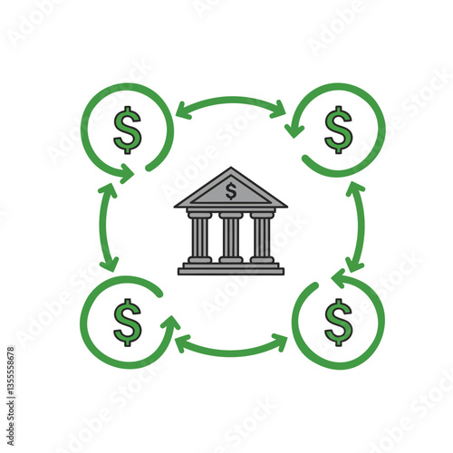 "Design a clean and modern vector illustration of a circular flow diagram centered around a bank icon. Depict the bank as a classic columned building. Surround it with four-dollar signs.