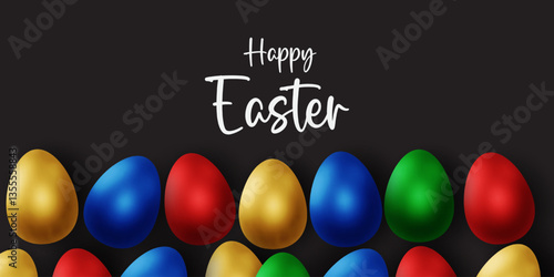 Easter day card, poster, flayer and banner template with Easter eggs in the nest on green, blue, yellow, white and pink background.Greetings and presents for Easter Day with copy space in flat styling