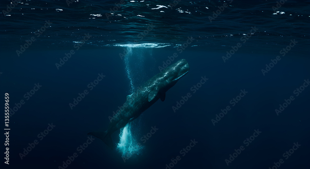 Fototapeta premium Whale Breaching Underwater Creating Bubbles in Dark Ocean Environment