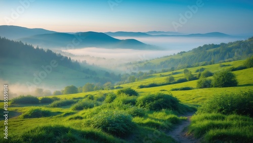 Carpathian mountain scenery on a misty morning. Outdoor adventure featuring a breathtaking view in morning light.