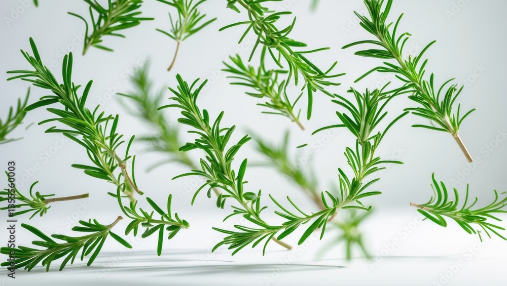 Fototapeta premium Fresh green rosemary herb cascading through the air, isolated against a white background.