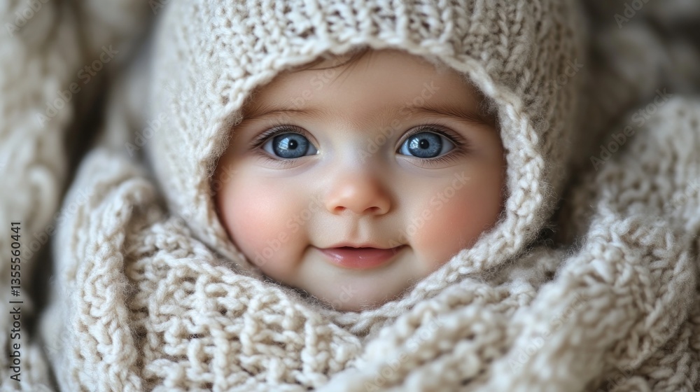 Baby with blue eyes in knitted hood and blanket, cozy indoors Baby with blue eyes in knitted hood and blanket, cozy indoors