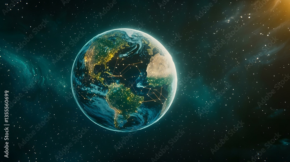 Obraz premium The image shows a digitally enhanced view of planet Earth from space, at night. City lights illuminate the continents, while a network of glowing lines connects various points across the globe, symb