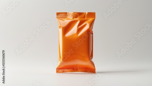 Food Packaging, mockup of foil and plastic snack bags isolated against a white background, Orange pillow packages for production on a White Background with clipping path.