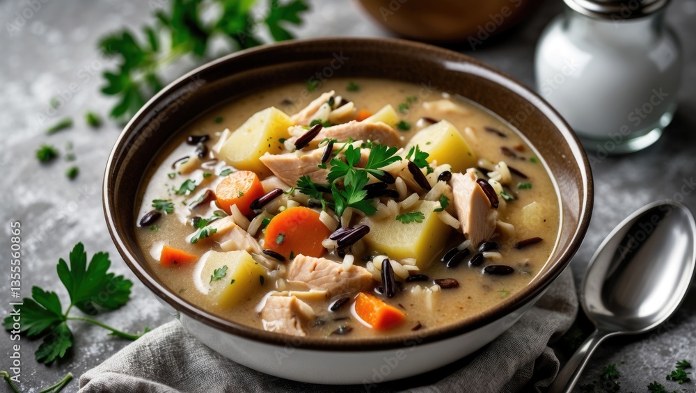 Chicken and Wild Rice Soup. Creamy homemade soup featuring chicken, vegetables, and wild rice in a close-up view of a white bowl. Chicken and Wild Rice Soup. Creamy homemade soup featuring chicken, vegetables, and wild rice in a close-up view of a white bowl.