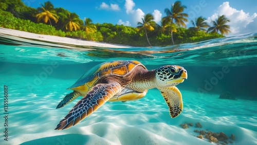 Fototapeta Naklejka Na Ścianę i Meble -  Scenery of the Caribbean Sea featuring a green turtle.