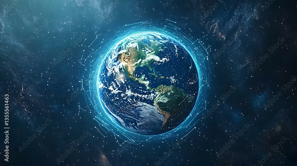 Fototapeta premium A digital rendering depicts planet Earth, centered in the frame, encircled by a glowing network of interconnected nodes, all against a dark space backdrop speckled with stars and nebulae.