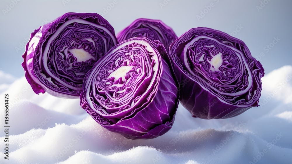 Obraz premium Group of red cabbage slices floating against a white background.