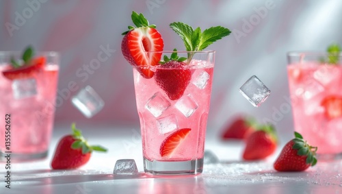Wallpaper Mural Fresh lemonade served with ice, topped with mint and strawberry in a glass against a white table background, with space for text. Chilled summer beverage. Sparkling glasses featuring a berry cocktail. Torontodigital.ca