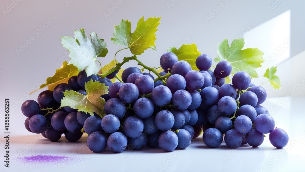 Fototapeta premium Collections of Ripe Grapes with Leaves, Set Against a White Background