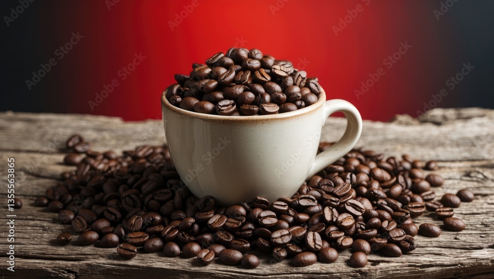 Fototapeta premium Coffee cup filled with organic coffee beans resting on a wooden surface with a red and black background.