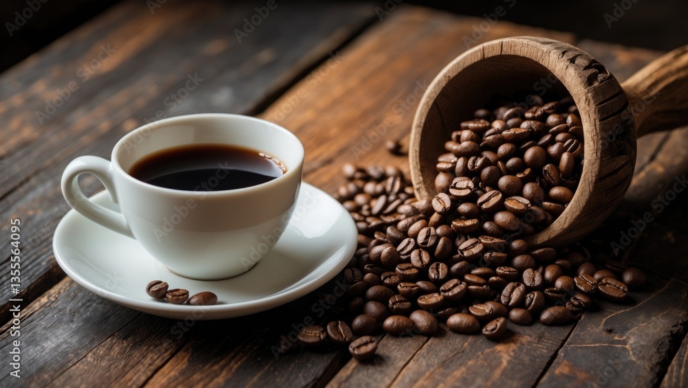 Fototapeta premium Coffee beans and steaming coffee on the table