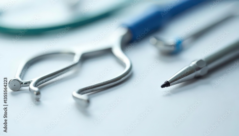 Close-up of veterinary instruments on a white surface, veterinary medicine, healthcare Close-up of veterinary instruments on a white surface, veterinary medicine, healthcare