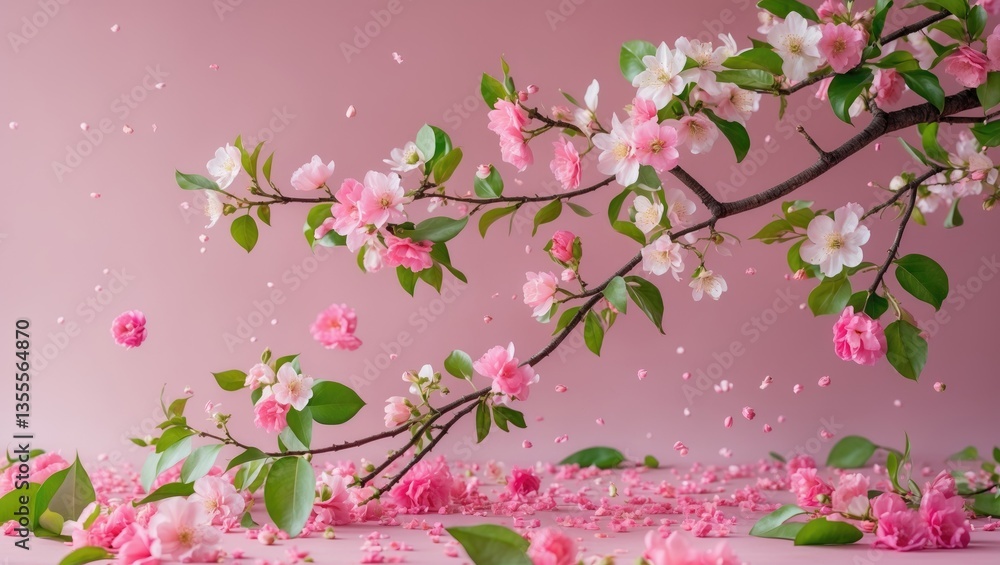 Fototapeta premium Fresh quince blossom, beautiful pink flowers floating in the air against a backdrop. Zero gravity or levitation, spring flowers concept, high-resolution image.