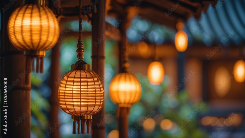 Fototapeta premium Close-up image of bright hanging lamps with traditional woven covers. Bokeh background with selective focus. The concept of lighting decoration for the room, cafÃ©, hotel, and residence.