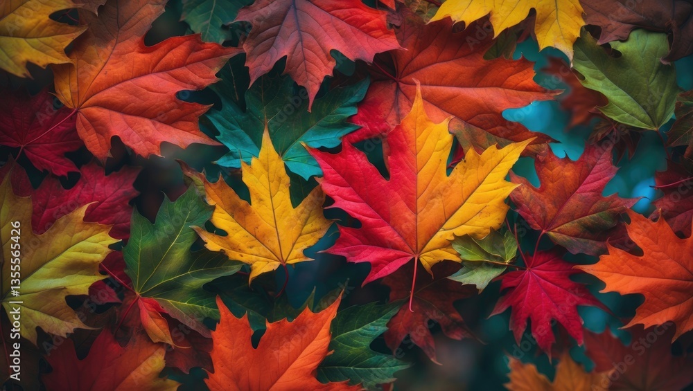 Fototapeta premium Colorful backdrop of autumn maple tree leaves in close-up. Multicolored maple leaves backdrop. High-resolution image.