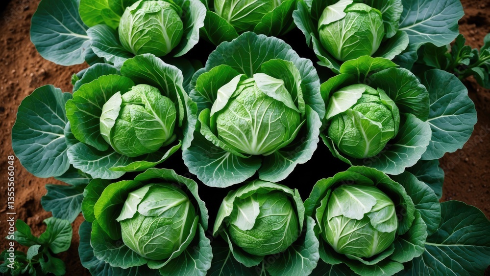 Close-up view from above of fresh green cabbage heads maturing in a vegetable farm. Close-up view from above of fresh green cabbage heads maturing in a vegetable farm.