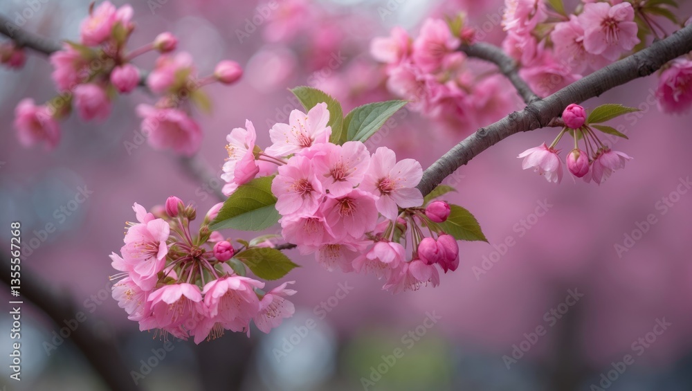 Obraz premium Delicate pink flowers embellish a branch, embodying the essence of renewal and natural beauty.
