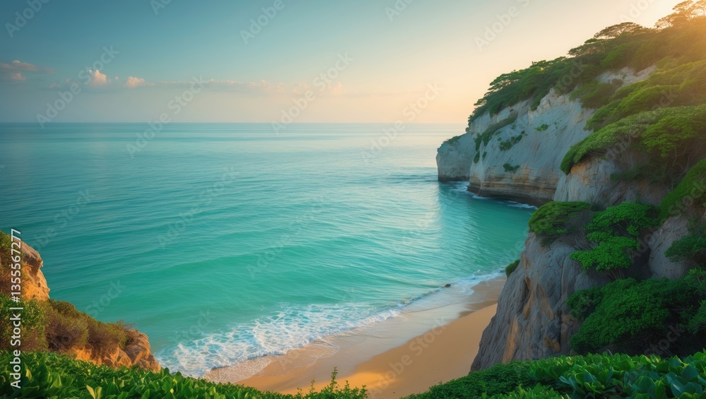 Fototapeta premium Gentle waves wash ashore a serene golden beach. The idea of peace, harmony, and a quiet beach retreat.