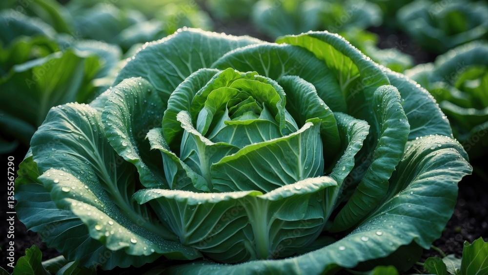 Obraz premium Fruiting young cabbage head growing on the vegetable bed.