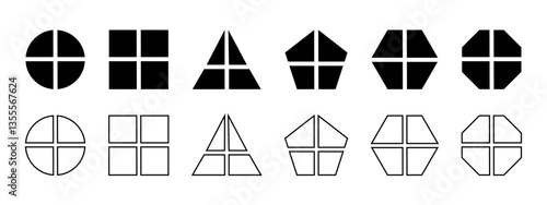 Geometric shapes divided into 4 slices. Round, square and triangle, pentagon, hexagon or octagon shapes cut in four equal parts. Simple diagrams, business charts. Vector graphic illustration.