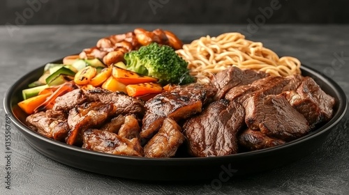 Famous Food of Mongolian concept. Savory dish featuring beef, vegetables, and noodles on a platter.