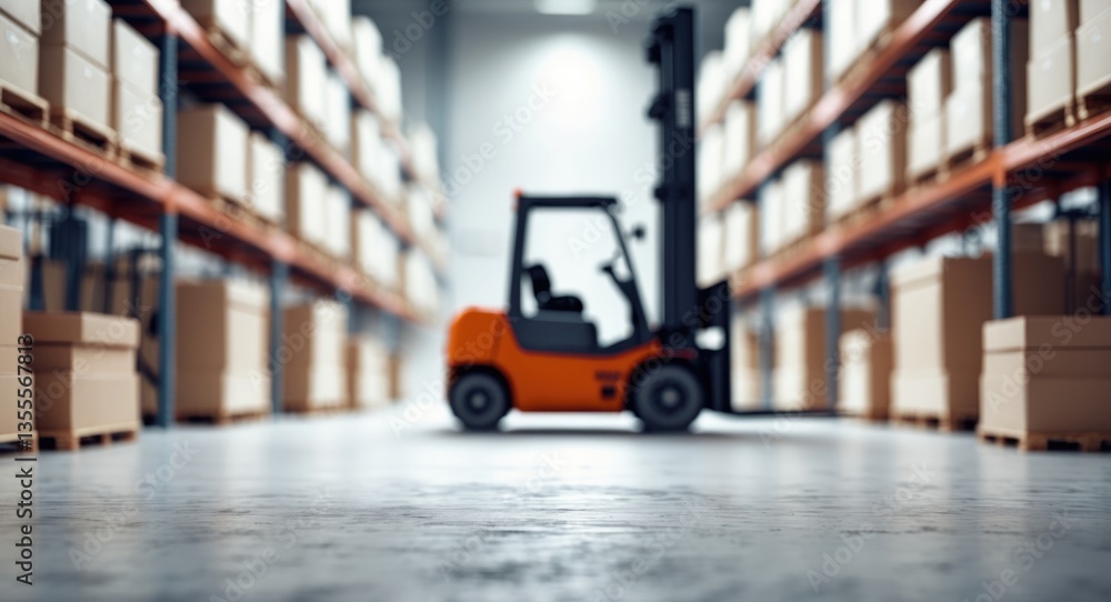 Naklejka premium Defocused Background of a spacious warehouse interior featuring organized storage areas and a forklift prepared for efficient logistics operations.