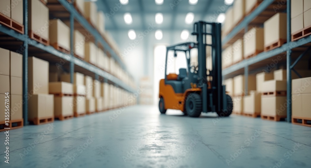 Defocused view of a spacious warehouse interior featuring organized storage areas and a forklift prepared for efficient logistics operations. Defocused view of a spacious warehouse interior featuring organized storage areas and a forklift prepared for efficient logistics operations.