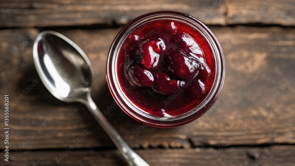 Glass jar of red cherry jam with spoon resting on wooden surface, top view, close up. Glass jar of red cherry jam with spoon resting on wooden surface, top view, close up.