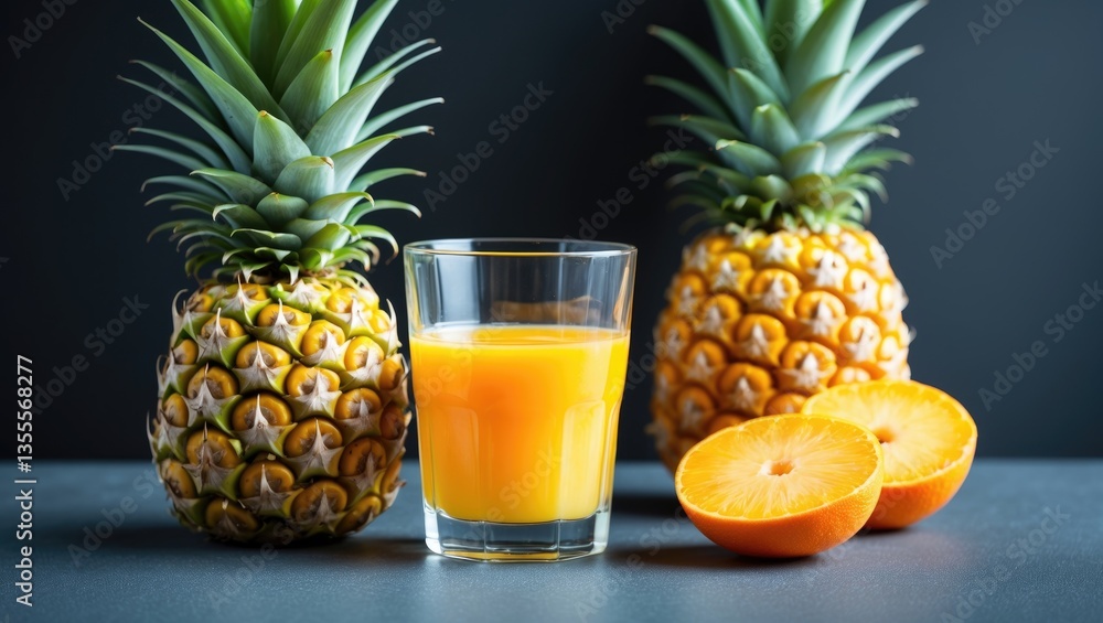 Fresh ripe pineapple alongside a glass of juice against a black backdrop. Copy space. Fresh ripe pineapple alongside a glass of juice against a black backdrop. Copy space.