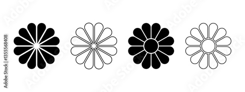 Daisy or gerbera silhouettes. Set of flower diagrams with 12 petals and core. Floral pie chart divided on equal parts in leaf shapes isolated on white background. Vector graphic illustration.