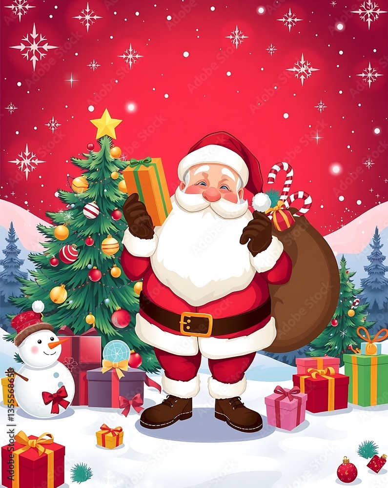 Merry Christmas Scene with Santa, Gifts, and Holiday Lights - Digital Artwork, Santa Claus Christmas Illustration, Festive Holiday Vector, Christmas Tree and Santa, Santa Claus Holding Gifts in Front Merry Christmas Scene with Santa, Gifts, and Holiday Lights - Digital Artwork, Santa Claus Christmas Illustration, Festive Holiday Vector, Christmas Tree and Santa, Santa Claus Holding Gifts in Front