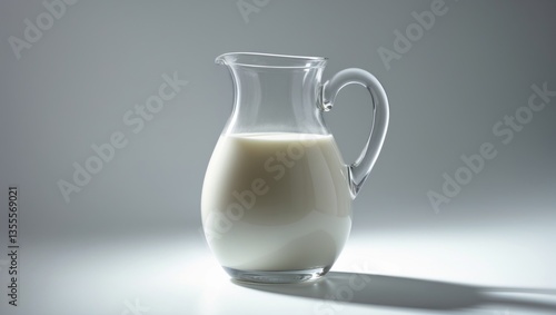 Glass jug containing milk set against a white background.