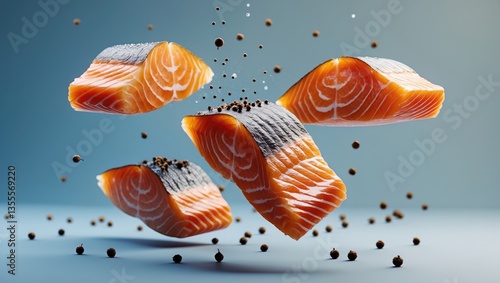 Fresh salmon fillets and peppercorns cascading onto a light blue background. © Holo Frame