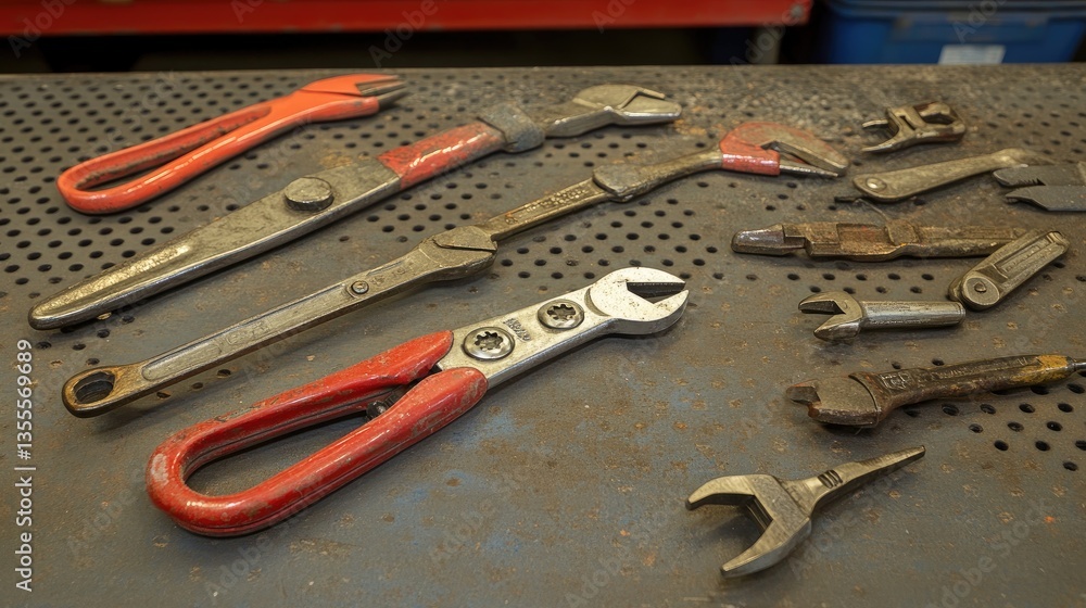 Fototapeta premium A detailed shot of pliers, wire cutters, and adjustable wrenches laid out on a steel surface.