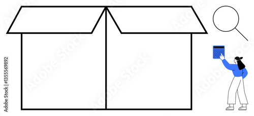 Woman holding object near a large open box and magnifying glass. Ideal for organization, storage, analysis, inventory, research, problem-solving, focus. Flat simple metaphor