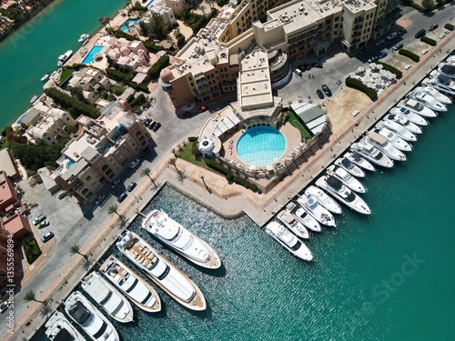 Beautiful drone overview of Abu Tig Marina, luxury boats. , El Gouna is a beautiful tourists town by The Red Sea, Egypt 